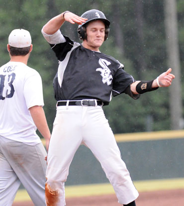 Drew Tipton celebrates after cracking a three-run triple in the fifth. (Photo by Kevin Nagle)