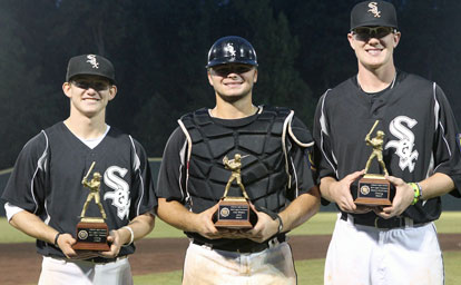 Individual awards went to, from left, Drew Tipton as top hitter, Hayden Lessenberry for MVP, and Nate Rutherford for top pitcher. (Photo by Rick Nation)