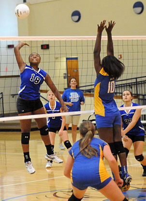 Jad'n Nichols (18) leaps for a hit. (Photo by Kevin Nagle)