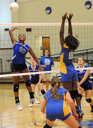 Jad'n Nichols (18) leaps for a hit. (Photo by Kevin Nagle)