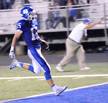 Ben Bruick crossed the goal line to finish off his 88-yard interception return that capped Bryant's 38-21 win over Greenwood. (Photo by Kevin Nagle)