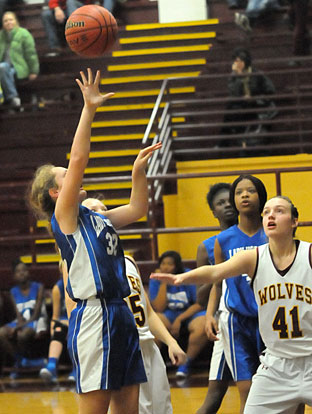 Bryant White's Allie Dugan launches a shot in the lane. (Photo by Kevin Nagle)