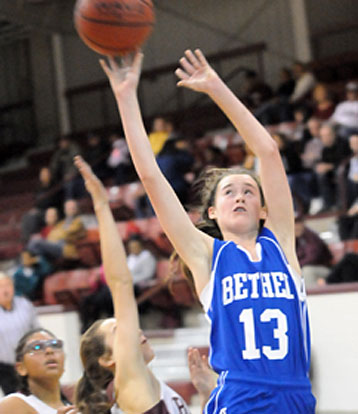 Mary Catherine Selig (13) scored 15 points and collected 14 rebounds in the Bethel Lady Hornets' win Thursday night. (Photo by Kevin Nagle)