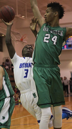 Bryant's Calvin Allen (3) somehow gets a shot past Van Buren's 6-10 Mitchell Smith. (Photo by Rick Nation)