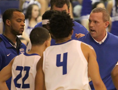 Bryant head coach Mike Abrahamson makes a point during a timeout. (Photo by Rick Nation)