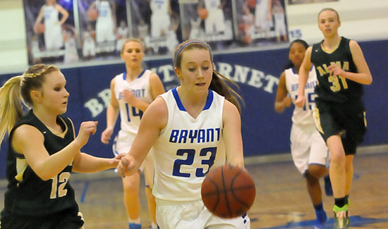 Kendall Rogers (23) drives up the court. (Photo by Kevin Nagle)