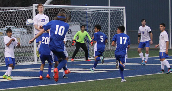 Bryant players Danny Vivar (20), Logan Moore (10), Ricky Barrientos (5) and Jhorman Cruz (17) attack the North Little Rock goal. (Photo by Rick Nation)