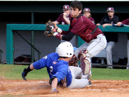 Evan Lee slides home as Siloam Springs catcher Dodge Pruitt prepares to apply a tag. (Photo by Rick Nation)