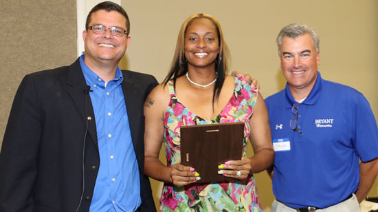 Tina Webb, with Hall of Honor director Chris Treat and athletic director Mike Lee. (Photo by Rick Nation)