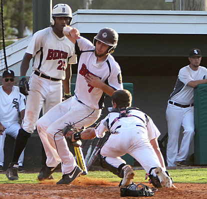 Sox' catcher Trey Breeding reaches to tag out Benton's Kyler Nitschke at the end of a game-ending rundown after Nitschke was picked off third by Zach Jackson. (Photo by Rick Naton)