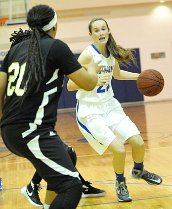 Mary Catherine Selig looks for room to maneuver. (Photo by Kevin Nagle)