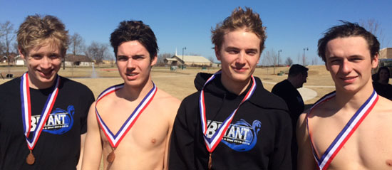 Bryant's boys 200-yard freestyle relay team, from left, Kyle Henry, Chandler Reep, Ray Weldon, and Michael Higgs.