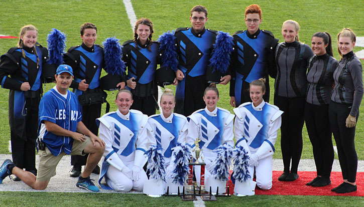 Front from left, Band director Keith Matthews; drum majors Sydney Claver, Hollan Pfautz, Sarah Sellers and Kaylee Rawls; back row, from percussion, Maddie Miller, Bryce Wilkerson, Julia Nall, Dillon Hubbard and Michael Furham; and from the color guard Morgan Massey, Emily Beirne and Brooke Snyder.