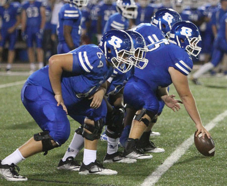 Offensive linemen Joseph Wyllia (64), LaRae Williams, Preston Kyzer (55) and Jace Houston. (Photo by Rick Nation)